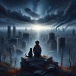 Futuristic image of a young boy and his cat watching his environment being polluted by multiple industries